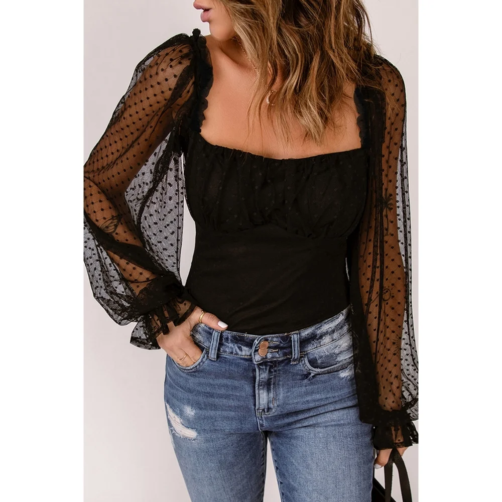 Swiss Dot Frill Trim Flounce Sleeve Top - Picture 1 of 5
